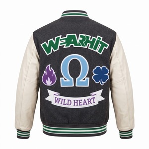 Blouson universitaire en chenille avec patchs, en laine anthracite et manches en cuir crème, style Wild Heart, OEM - Product Image 2