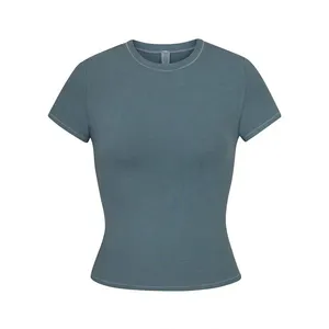 Women grey customized t-shirt sports hemp girls cotton plain sport slim fit crop top gym fitted t-shirt