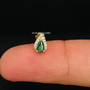 14K Solid Gold Pear Shape <b>Halo</b> Piercing with Green Emerald Fine Jewelry. - Product Image 5