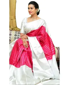 Beautiful Pink And White Colored Designer Indian Traditional Fashioned Soft Lichii Fabric Saree