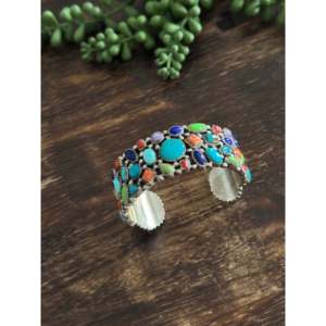 Vintage Navajo Multi-Stone & Sterling <b>Silver</b> Cluster <b>Cuff</b> <b>Bracelet</b> Fashion Jewelry - Product Image 4