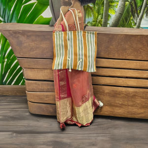 Sac cosmétique de plage recyclé Handloom personnalisé écologique Sac à provisions en plastique tissé à rayures à la mode avec poignées en corde de coton - Product Image 5