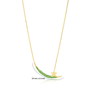 Moon and Star Design Round Cut Emerald Stone Charm Necklace Turkish Handmade Wholesale 925 Sterling Silver Jewelry - Product Image 3