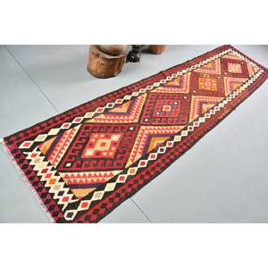 Tapis Kilim Turc Vintage 28 x 11 pieds Rouge Audacieux Écologique à Poil Moyen Tissage Plat Motif Patchwork en Laine avec Support en Latex – Pièce Maîtresse - Product Image 2