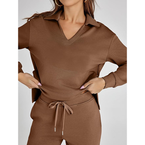 Conjuntos de algodón de 2 piezas de punto con cuello en V de manga larga de gran tamaño para mujer conjuntos de suéter de otoño pulóver pantalones de pierna ancha traje de punto de salón - Product Image 6