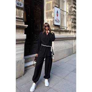 Mybeefashion Women's Elegant Black Belt Detail Two-Piece Set with Long Sleeve Shirt and Full Length <b>Trousers</b> for Casual or - Product Image 3