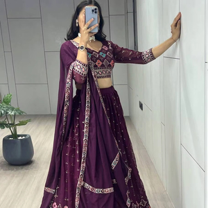 Heavy Purple Faux Georgette bordado indio paquistaní nupcial Lengha Choli Set con Dupatta para fiestas - Product Image 1
