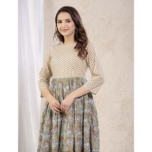 Vestido Anarkali de Algodón Verde Estampado, Estilo Americano - Product Image 1