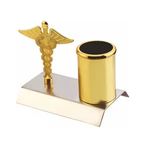 印度制造商书桌组织者提供的优质金色笔架，带医生标志，用于餐桌塔尼斯礼品