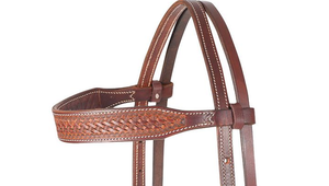 Antiqued Basket Pattern Western Horse <b>Halter</b> with Brow Band Headstall Available in All Sizes Made of Leather - Product Image 2