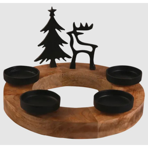 Portavelas Navideño de Madera Premium con Detalles de Reno y Árbol en Metal Negro, Acabado de Madera Natural Moderno, para Velas de Té, para el Hogar - Product Image 1