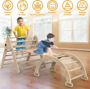 Customized Wooden Foldable Climbing Triangle Ladder Toys With Ramp For Sliding Or Climbing
