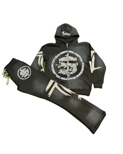 Sudaderas Casuales con Estampado Personalizado, Diseño Nuevo, Bordado Desgastado, Lavado Desteñido, Pantalones Acampanados para Hombre, Conjuntos Deportivos de Calle - Product Image 1