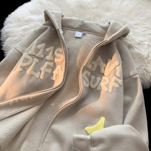 2023 OEM Custom Logo Acid Wash High Quality 100% Cotton Vintage <b>Hoodies</b> Unisex Oversized 3D Puff Printing <b>Full</b> <b>Zip</b> up Hoodie - Product Image 3