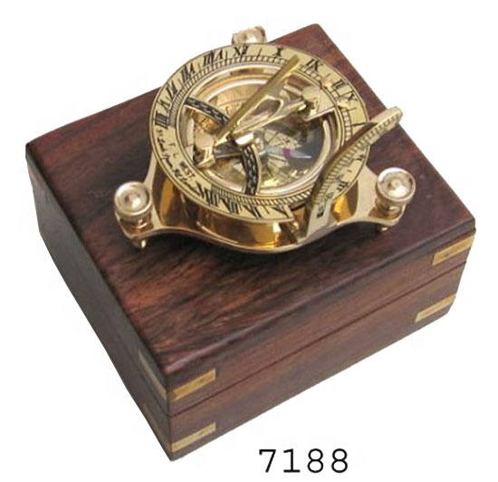 Vintage Marine Sundial Compass - 2.5 Inch Brass Navigational Device With Antique Wooden Display Box