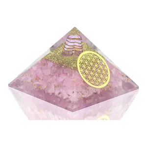 真正的天然水晶玫瑰石英有机金字塔与生命之花象征75毫米愈合树脂有机保护电动势