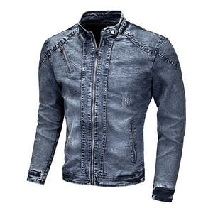Veste en jean élégante avec fermeture éclair, col montant et plusieurs poches, vêtement d'extérieur décontracté bleu délavé robuste pour hommes - Product Image 2