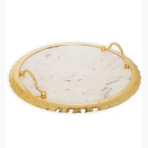 Bandeja redonda de lujo para servir con asas, elegante diseño dorado de mármol y metal para servir frutas y chocolate - Product Image 1