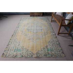 5.5x9.8 ft Rug, Vintage Turkish Rug, <b>Yellow</b> Blue Oriental Rug - Product Image 3