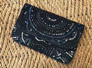 Black Seed Beaded Evening Clutch Purse With Hand Embroidered Beads With Detachable Chain - Product Image 5