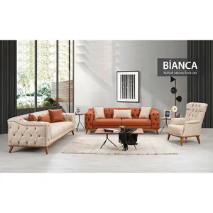 Modern Living Room Furniture Sofa Set Sofa Bed Waterproof Orange Fabric Turkish Chesterfield Upholstered Faux Leather