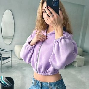 Sudadera con capucha de manga larga de gran tamaño para mujer con cremallera chaqueta informal recortada para otoño-Material de algodón con cintura elástica - Product Image 2