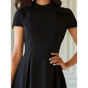 Vestido Midi de Crepé Brillante con Cuello Alto y Pliegues de Manga Corta para Mujer, Estilo Elegante para Uso Diario y Oficina, de Jane's - Product Image 2