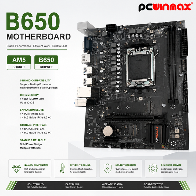 PCWINMAX B650 AM5 MATX DDR5 Next-Gen Gaming Motherboard OEM New Support R7/R8/R9 CPUs for Future-Ready Desktop Systems