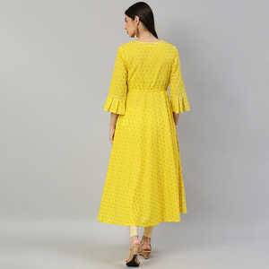 Anarkali Kurta en coton cambric imprimé Butti doré, Shalwar Kameez lourd cousu, Lehenga jaune pour soirée, style indien - Product Image 3