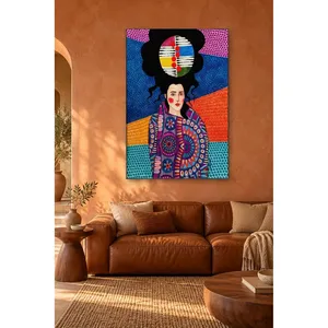 Fida, femme avec un châle mandala sur fond rayé coloré, impression sur toile - Product Image 1