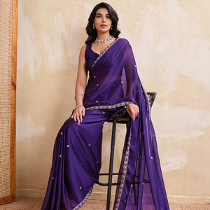 Sari de Tela de Seda Suave de Diseño Hermoso y de Alta Calidad para Fiestas, con Bordado en el Borde, al Mejor Precio - Product Image 1