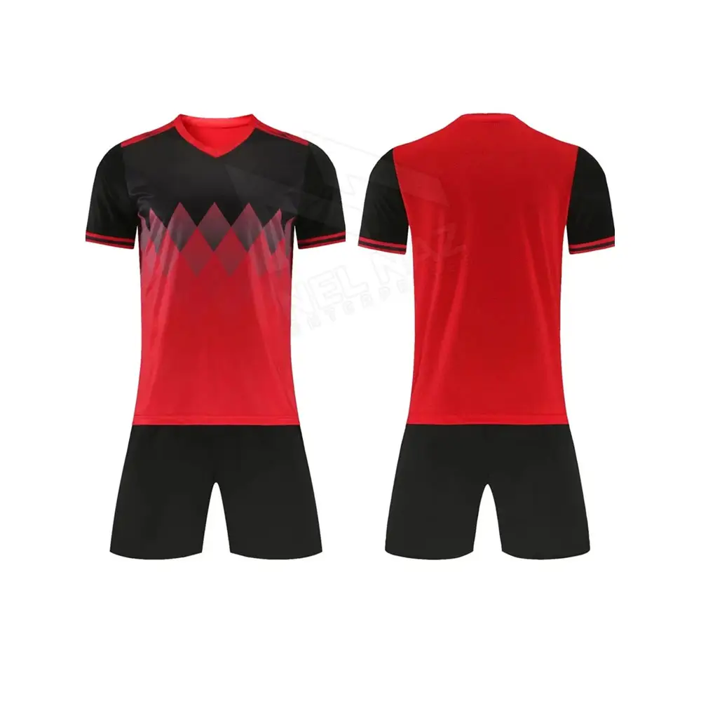 Pakistan Lieferant neueste Herren Fußballuniformen in rot und schwarz mit Front Sublimation individuelles Design