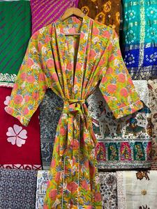 Kimono de luxe unisexe en coton imprimé bloc, cardigan, vêtements de nuit, robe de chambre, spa, hôtel, été, automne - Product Image 3