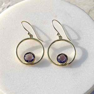 Pendientes colgantes de cuarzo hidroamatista púrpura, joyería sencilla, latón macizo, chapado en oro de 18 quilates, piedra preciosa de corte redondo, regalo para mujer - Product Image 4