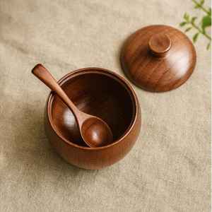 Tarro de Condimento de Madera de Azufaifo Antiguo con Tapa y Cuchara, Recipiente Redondo Artesanal para Almacenar Sal y Azúcar en la Cocina, Ecológico - Product Image 5