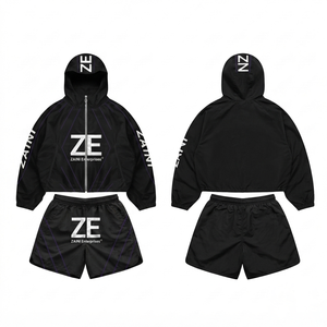 Women Windbreaker <b>Short</b> <b>Set</b> Hooded Quick Dry Winter Sports Wear 300g Polyester Taslan Black Purple Panel Design Custom OEM ODM - Product Image 1