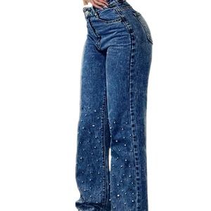 Jeans de Mujer de Cintura Alta con Pedrería, Pierna Ancha, Ajuste Holgado, Pantalones de Mezclilla Azul, Moda Casual Urbana - Product Image 4