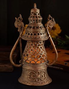 Modern Style 9-Inch <b>Gold</b> Dokra Art Lantern Hurricane <b>Decorative</b> Showpiece for Home Tabletop Living <b>Room</b> <b>Decorative</b> Showpiece - Product Image 2