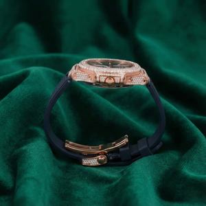 Montre automatique de luxe en moissanite glacée, or rose, acier inoxydable, cadran bleu, saphir, étanche, bracelet en caoutchouc - Product Image 2