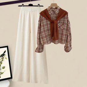 Primavera otoño mujer tres piezas pantalones blusa suelta Camisa + suéter + cintura alta pantalones de pierna ancha Vintage Casual conjunto de tres piezas - Product Image 2