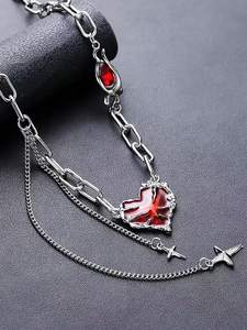 قلادة شرير على الطراز الاميركان بورجوندي من الفولاذ المقاوم للصدأ قلادة على شكل قلب شرابة رباعي الزركون نجمة مدببة للهدايا الداكنة - Product Image 2