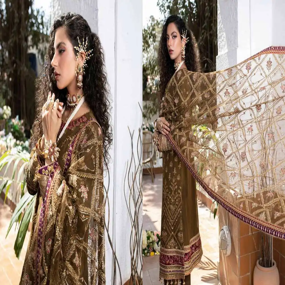 Pakaian pernikahan kualitas tinggi pakaian India dan Pakistan dengan pekerjaan bordir berat dengan dupatta berat dan celana sutra grosir
