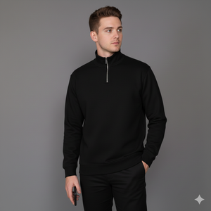 <b>Men</b> Half Zip Button Collar Knitted Eco-Friendly <b>Sweatshirt</b> 60% Cot 40% Poly ODM Solid Plain Dyed 300-400 GSM Autumn Season - Product Image 2