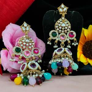 Traditional Heritage Kundan and Hanging <b>Pearls</b> Jhumkas For Women Acrylic Ear Jewelry Regal Appearance Finest Quality <b>Earrings</b> - Product Image 5