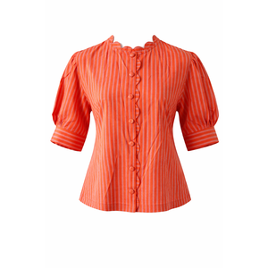 Blusa de Algodón Tejido a Rayas de Inspiración Vintage con Volantes, Bordado Festoneado y Botones - Disponible en Talla XS - Primavera Verano - Product Image 4