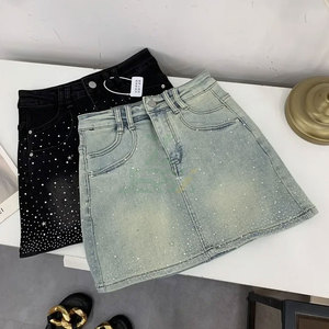 Jupe en jean midi droite vintage à taille naturelle, ornée de strass, respirante, séchage rapide, tendance mode été pour femme - Product Image 1