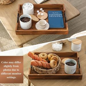 Bandeja de madera artesanal hecha a mano Bandeja para servir té Bandeja de almacenamiento de madera de diseño clásico con asas - Product Image 2