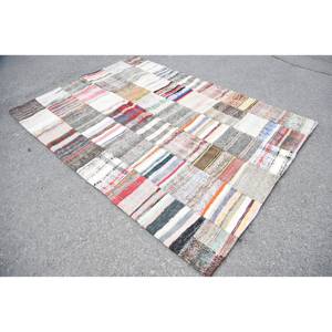 Alfombra turca a rayas Beige rústica hecha a mano 5,5X7,5 pies Rectángulo Patchwork lana comedor alfombra ecológica pila mediana - Product Image 3