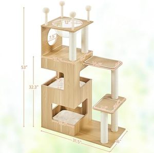 Árbol Rascador para Gatos Espacioso de Madera Estilo Art Deco, Torre de Escalada con Diseño de Flor, Rascador Ligero de Montaje en Suelo - Product Image 4