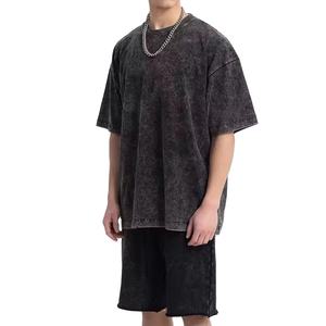 Conjunto de Camiseta y Pantalones Cortos Personalizados con Cuello Redondo, Estilo Urbano, Lavado Ácido Vintage, Decolorado al Sol, Camiseta Holgada de Corte Cuadrado, Conjunto Deportivo para Hombre - Product Image 2